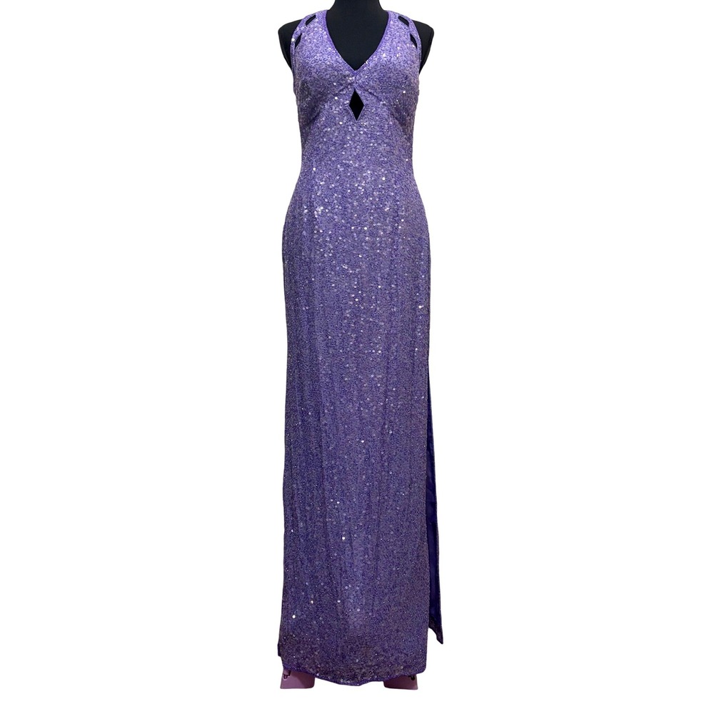 Vintage Scala Silk Beaded Sequin Halter Gown Purple Formal Evening Prom Dress